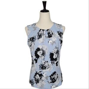 Calvin Klein Blue Floral Pleated Neck Keyhole Closure Sleeveless Blouse Size SP